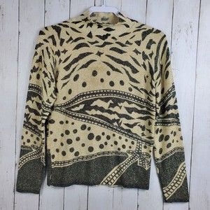 Pierri New York Women's Pullover Large Black Gold Sparkle Animal Print Stretch